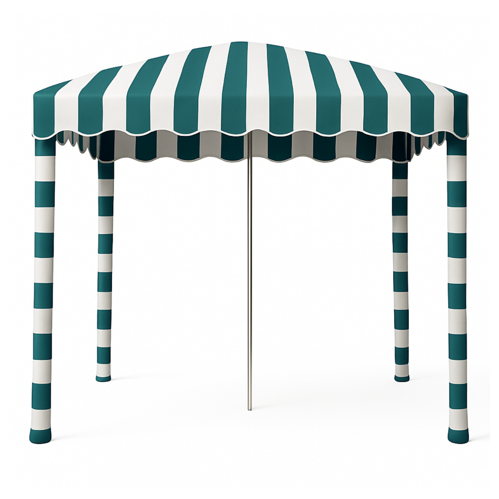 Sundayz Cabana in Lagoon – turquoise beach cabana set up on South African beach providing shade for the whole family